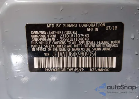 2019 Subaru Wrx Premium из США, поврежденный, VIN JF1VA1B64K9809354